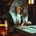 Juge en cour de justice, marteau à la main, documents sur le bureau