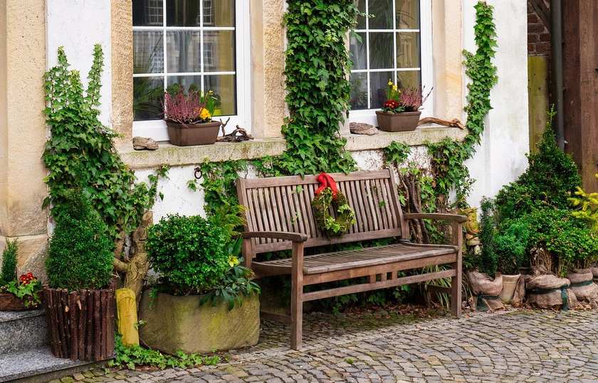 Maison blanche avec deux fenêtres, banc en bois, pots de fleurs, végétation grimpante, façade extérieure